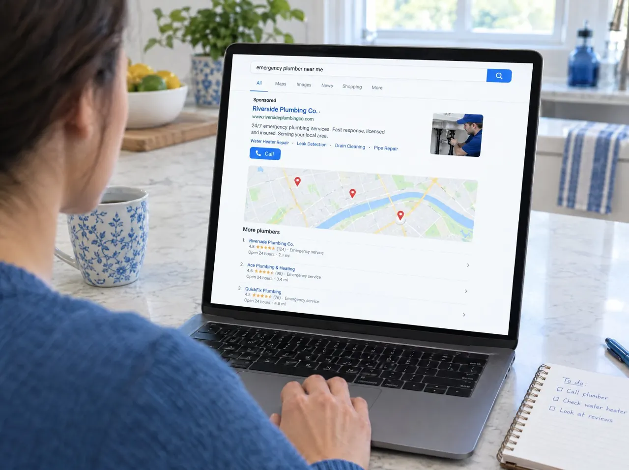 Laptop showing search results with a sponsored ad for a local plumbing company at the top